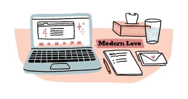 Illustration of a laptop with the number 4 on the screen. Beside a notepad, envelope with a heart on it, tissues and a Modern Love office nameplate. 