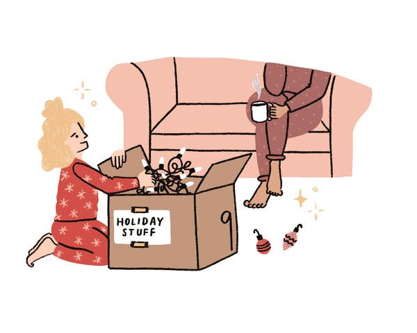 Illustration of a child opening a box labeled 'holiday stuff' while an adult sits on the couch with a cup of coffee. 