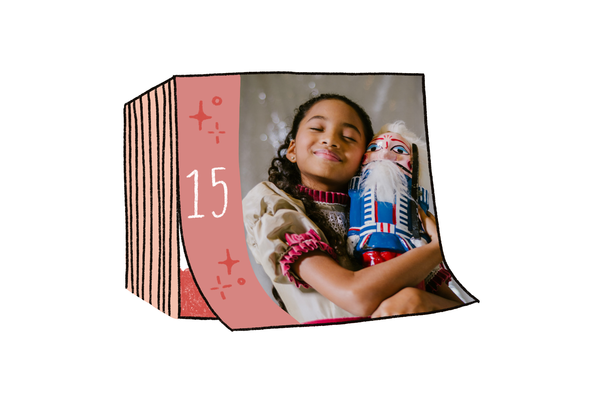Illustration of a tearaway calendar with the number 15 on it. A photo inset is of a smiling Charlotte Nebres, the first Black Marie, the young heroine of “George Balanchine’s The Nutcracker,” hugging a Nutcracker doll. 