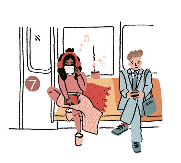 Illustration of two people riding the 7 train. The person on the left is wearing comfortable clothing, slippers and earphones and is surrounded by a blanket, throw pillow and lit candle.  The person on the right is dressed in a suit, dress shoes and has a neutral expression. 