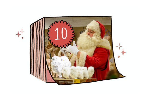 Illustration of a tearaway calendar with the number ten in the left hand corner and a photo of someone wearing a Santa Claus outfit with a large white bear, red hat and and white fur lined coat. 