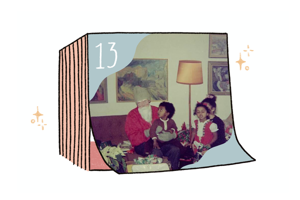 Illustration of a tearaway calendar with the number 13 in the top left corner. In a family photograph, a young Marcus Samuelsson sits on the lap of his father, dressed as Santa Claus. His two sisters are beside him. 