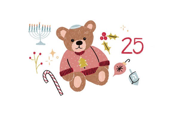 An illustration of a teddy bear wearing a yarmulke, next to the number 25. Surrounding the bear are holiday symbols including a menorah, a candy cane, a Christmas tree ornament and a dreidel.