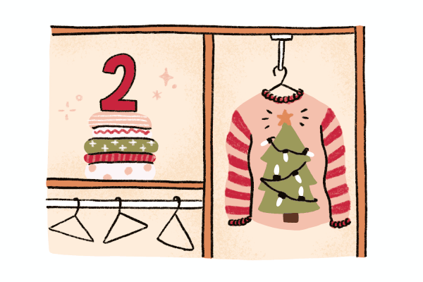 An illustration of an open closet revealing the number 2 and an ugly sweater displaying a Christmas tree with blinking lights.