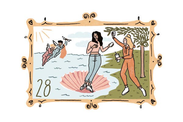 An illustration of Renaissance figures flying over water, left, and a modern-day representation of young women holding smartphones and a coffee cup by the lakefront. The number 28 is in the lower left corner of a fine art picture frame. 