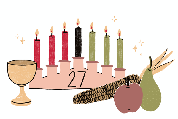 Illustration of seven Kwanzaa candles in the Pan-African colors of green, black and red, alongside fresh produce and a goblet. The number 27 is at the base of the candles. 