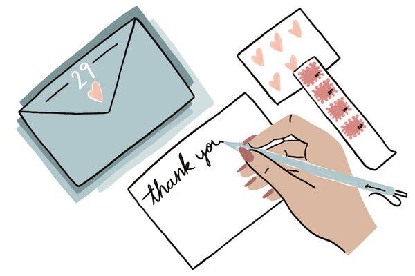Illustration of a letter, envelope and a hand with a pen writing a thank you note. 